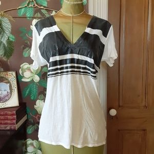 Monrow White Black Striped V Neck Tee M Made USA Faux Leather Look Panel Cotton